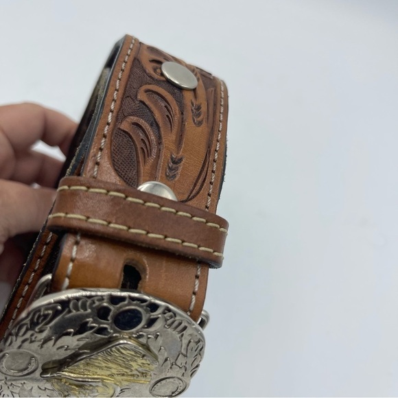 Eberle Leather Belt Hand Tooled Brown Size 36 (90 EU) Heavy Horse Buckle - Picture 7 of 7